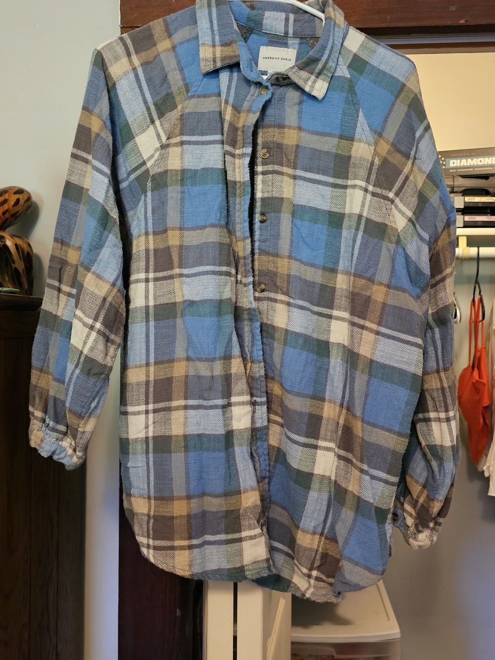 American Eagle Outfitters Blue, Brown and Green Plaid Button-Down Shirt